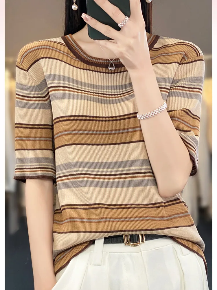 Striped Casual Clothing Top Knitted Short Sleeve Tees