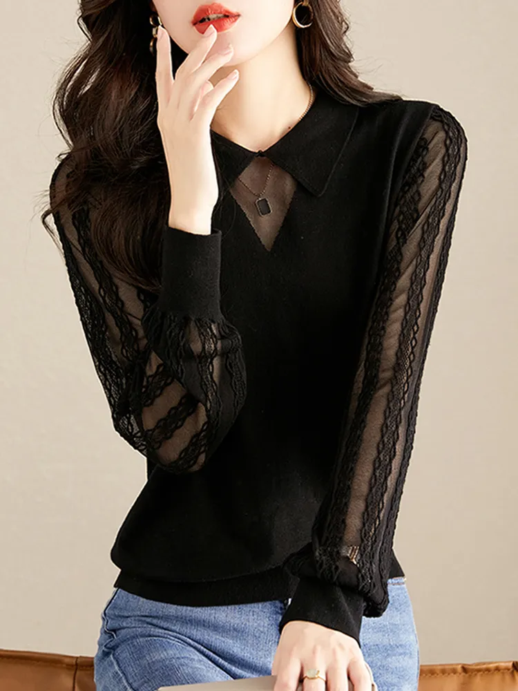 Long Sleeve Clothing Turn-down Collar Knitted Top