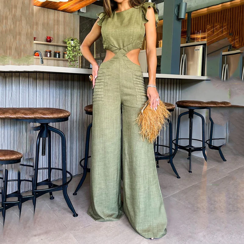 Solid Round Neck Ruffled Open Waist Wide Long Pants Jumpsuit