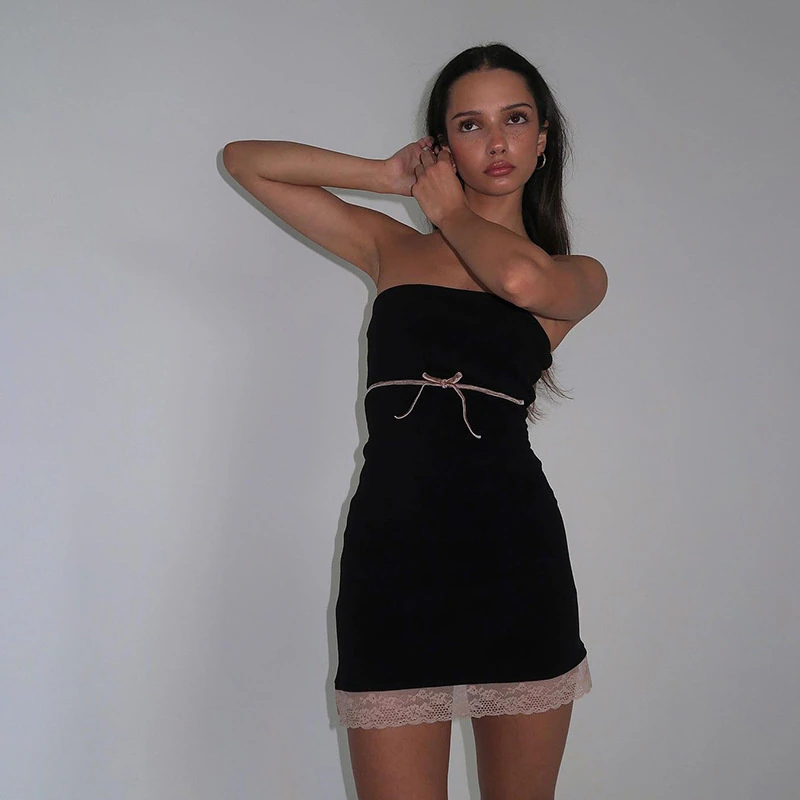 Lace Bow Off-shoulder Black Summer Tube Dress Party Club Mini Dress