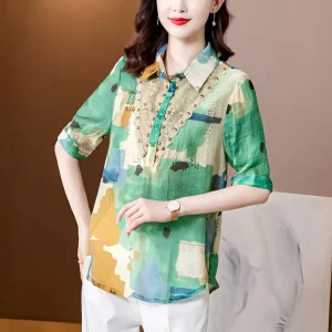 Vintage Printed Polo-Neck Shirt All-match Loose Short Sleeve Blouse