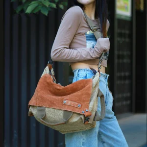 Canvas With Cowhide Leather Handbag Shoulder Bag Large Capacity Portable Tote Bag