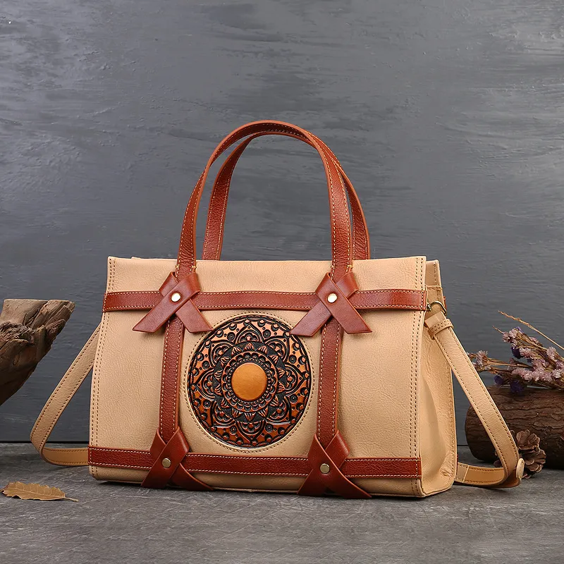 Genuine Leather Handbags Retro Square Bag Color Contrast Patchwork Tote Bag