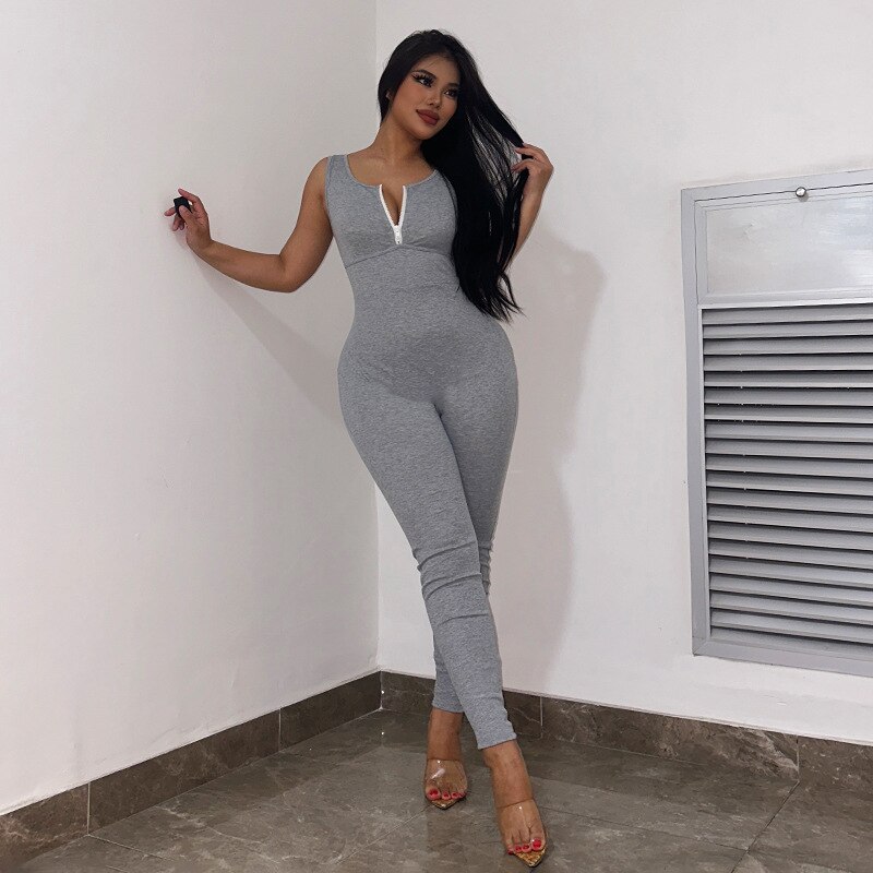 Backless Sleeveless V-neck Zipper Grey Bodycon Overalls One Piece Jumpsuit