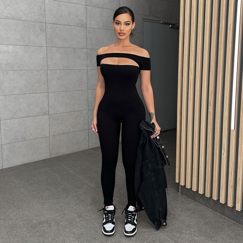 Off Shoulder Cut Out Cleavage Short Sleeve Bodycon Jumpsuits