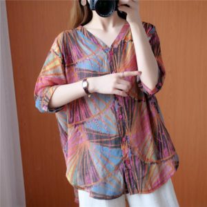 Diamonds Printed Loose Casual Single-breasted V-Neck Irregular Shirt - Image 7