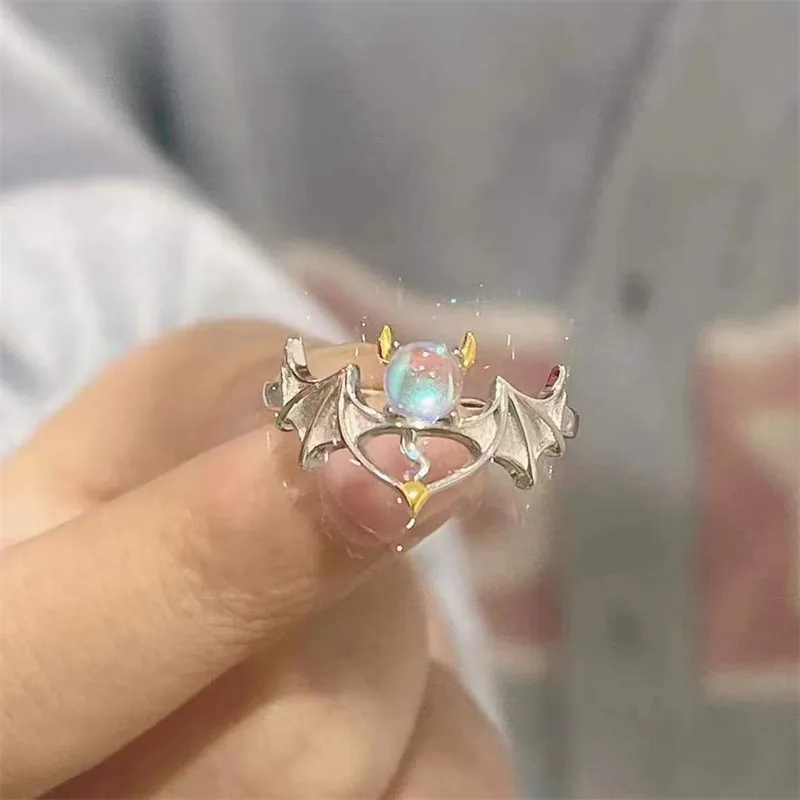 Korean Style Demon Wings Ring Rhinestone Adjustable Opening Finger Ring