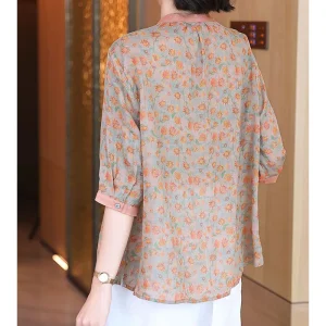 Trend Vintage 3/4 Sleeve Printed Clothing All-match Blouse - Image 5
