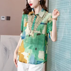 Vintage Printed Polo-Neck Shirt All-match Loose Short Sleeve Blouse - Image 5