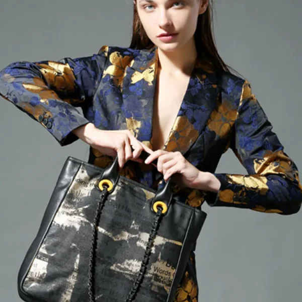 Genuine Leather New Cowhide Black Gold Big Tote Bag - Image 5