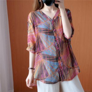 Diamonds Printed Loose Casual Single-breasted V-Neck Irregular Shirt - Image 6