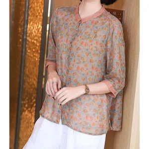 Trend Vintage 3/4 Sleeve Printed Clothing All-match Blouse - Image 4