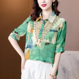 Vintage Printed Polo-Neck Shirt All-match Loose Short Sleeve Blouse - Image 4