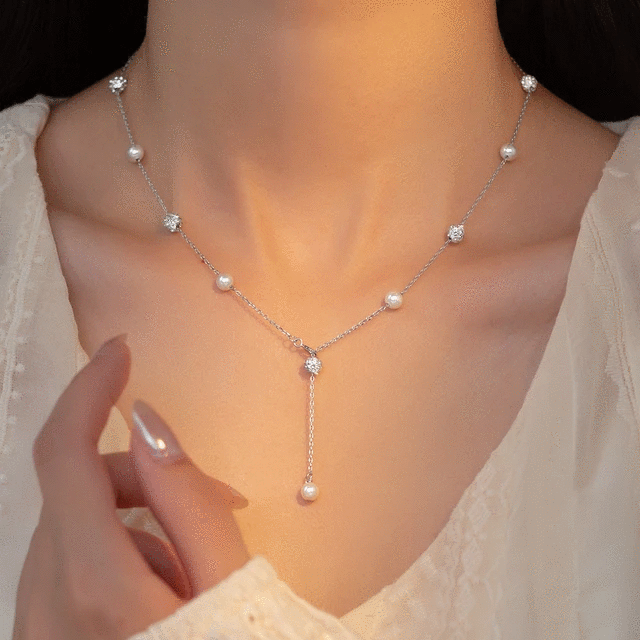 Synthesis Pearl Ball CZ Tassel Choker Necklace