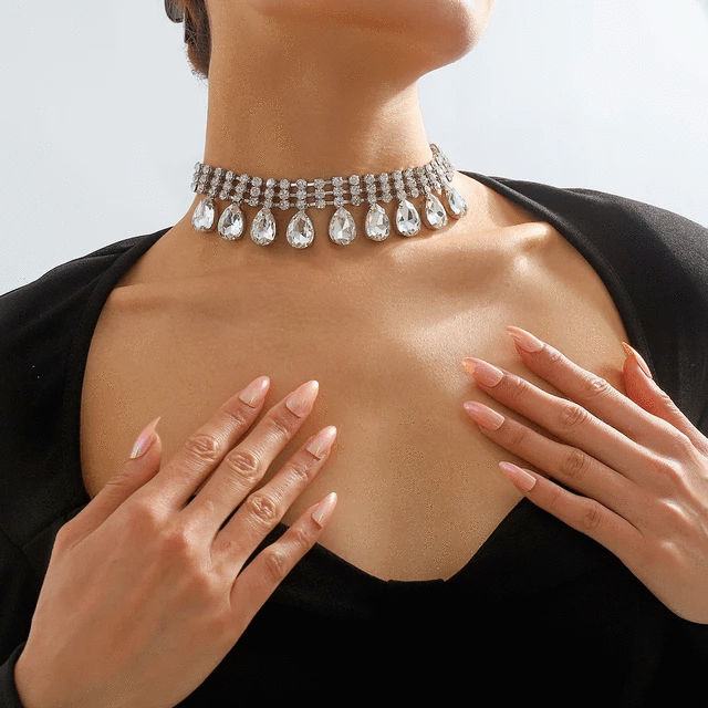 Luxury Shiny Iced Out Rhinestone Tassel Choker Necklace