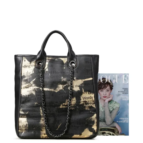 Genuine Leather New Cowhide Black Gold Big Tote Bag - Image 4