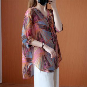 Diamonds Printed Loose Casual Single-breasted V-Neck Irregular Shirt - Image 5