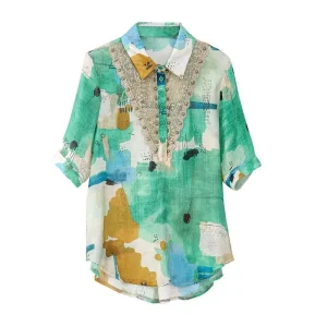 Vintage Printed Polo-Neck Shirt All-match Loose Short Sleeve Blouse - Image 3