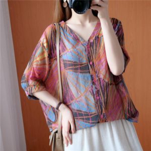 Diamonds Printed Loose Casual Single-breasted V-Neck Irregular Shirt - Image 4