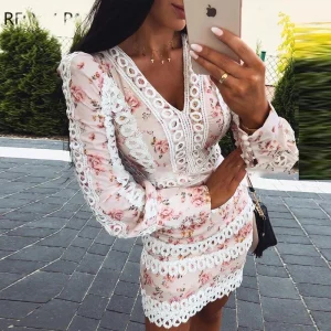 Floral Print Lace Trim Bodycon Dress