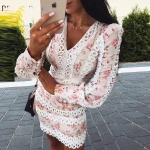 Floral Print Lace Trim Bodycon Dress - Image 4