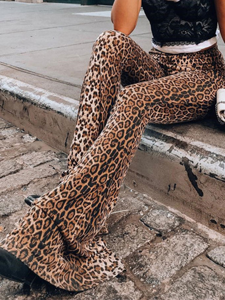 Leopard Print Pattern Cotton High Rise Waist Flared Pants