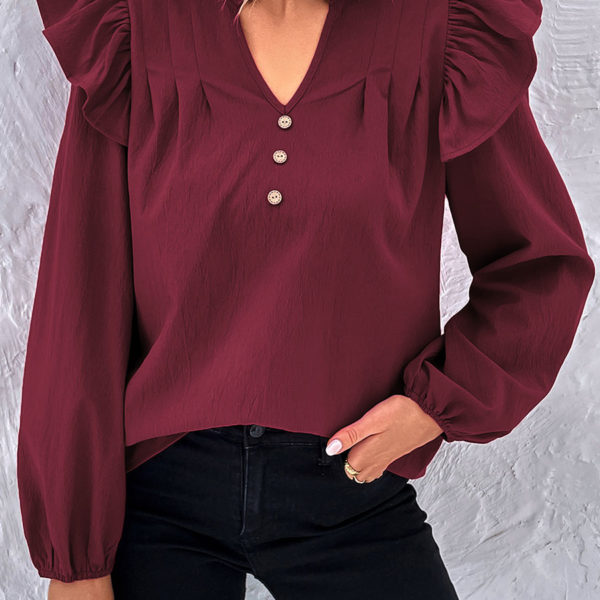 Burgundy Ruffles V-Neck Casual Long Sleeves Blouse