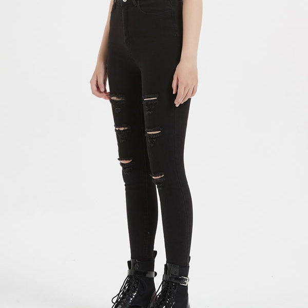 Black Cut Out Irregular Raised Waist Zipper Fly Skinny Denim Pants - Image 7