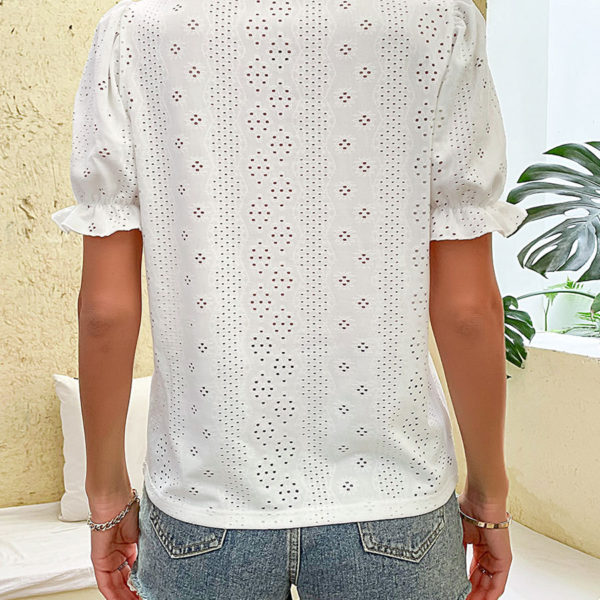 White Lace V-Neck Short Sleeves Blouse - Image 6