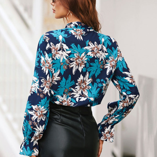 Blue Jewel Neck Sexy Printed Long Sleeves Blouse - Image 7