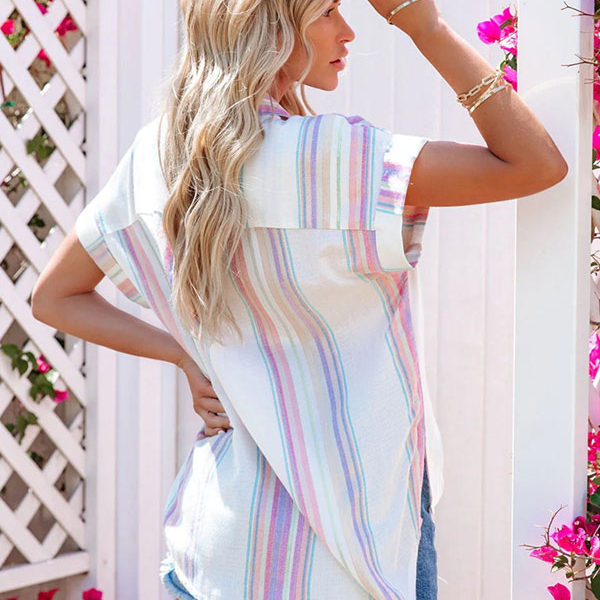 White Turndown Collar Oversized Casual Stripes Buttons Short Sleeves Blouse - Image 7