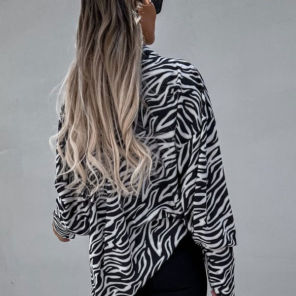 Black Turndown Collar Casual Zebra Print Long Sleeves Blouse - Image 6