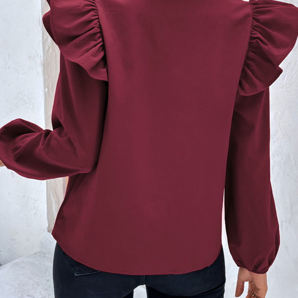 Burgundy Ruffles V-Neck Casual Long Sleeves Blouse - Image 7