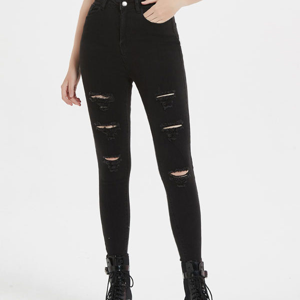 Black Cut Out Irregular Raised Waist Zipper Fly Skinny Denim Pants - Image 6