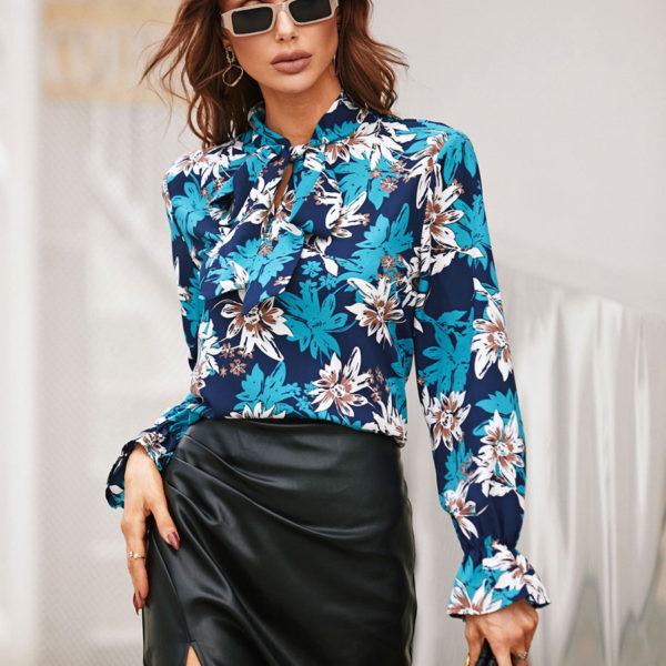 Blue Jewel Neck Sexy Printed Long Sleeves Blouse - Image 6