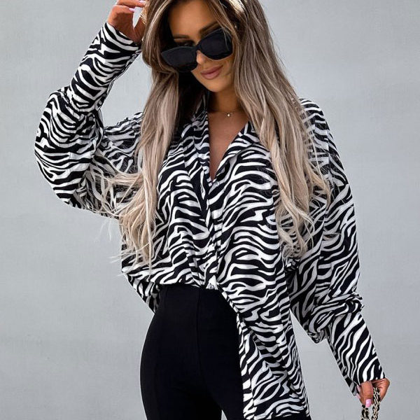 Black Turndown Collar Casual Zebra Print Long Sleeves Blouse - Image 5
