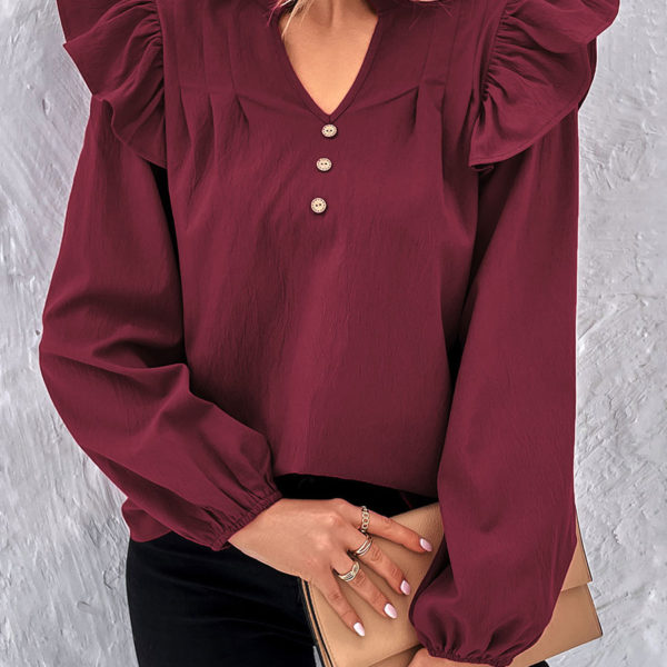 Burgundy Ruffles V-Neck Casual Long Sleeves Blouse - Image 6