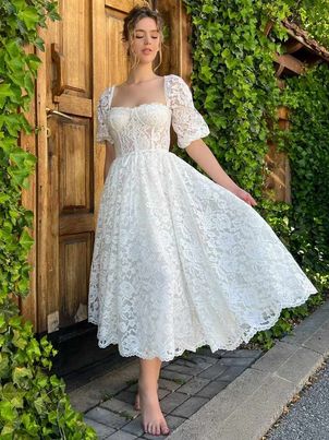 Cut Out Lace Sweetheart Neck Half Sleeves Lace Dresses
