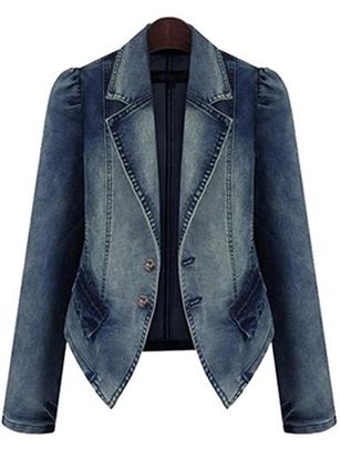 Distressed Denim Tuxedo Style Jacket - Lapels and Metal Buttons