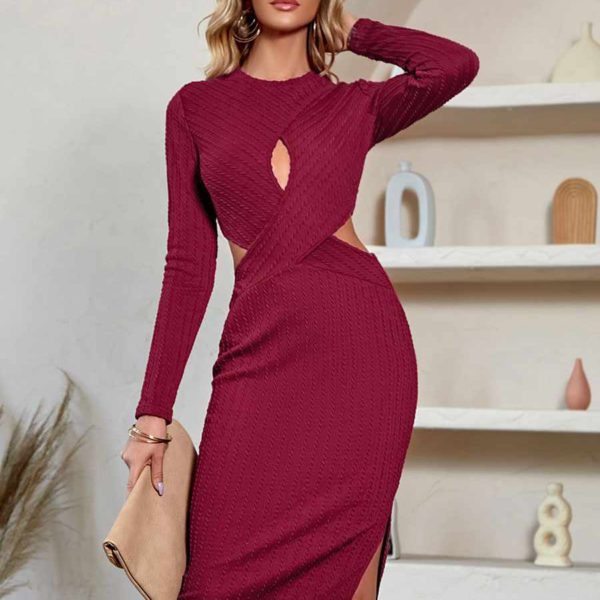 Long Sleeves Cut Out Sexy Midi Bodycon Dresses - Image 9