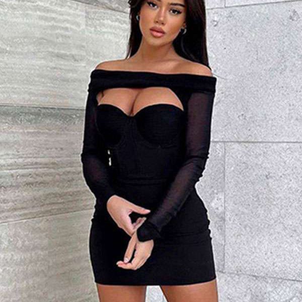 Black Long Sleeves Sexy Bateau Neck Sheath Bodycon Dresses - Image 3