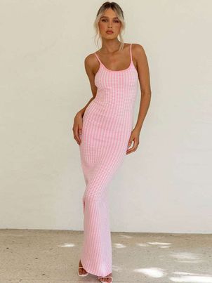 Barbie Pink Gingham Sleeveless Backless Long Bodycon Dresses