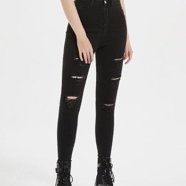 Black Cut Out Irregular Raised Waist Zipper Fly Skinny Denim Pants - Image 5
