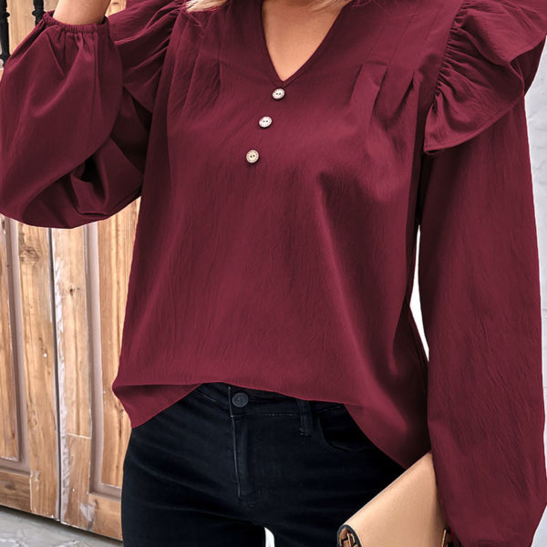Burgundy Ruffles V-Neck Casual Long Sleeves Blouse - Image 5