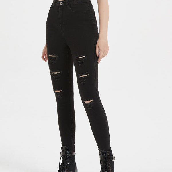 Black Cut Out Irregular Raised Waist Zipper Fly Skinny Denim Pants - Image 4
