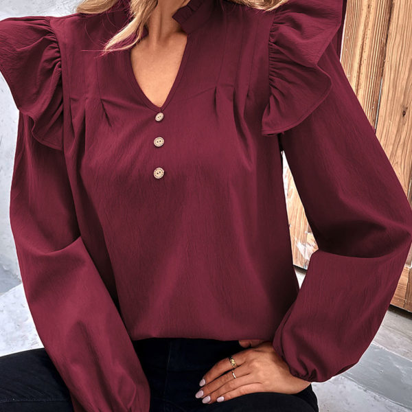 Burgundy Ruffles V-Neck Casual Long Sleeves Blouse - Image 4