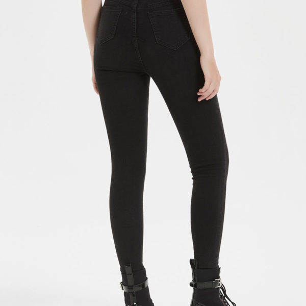 Black Cut Out Irregular Raised Waist Zipper Fly Skinny Denim Pants - Image 3