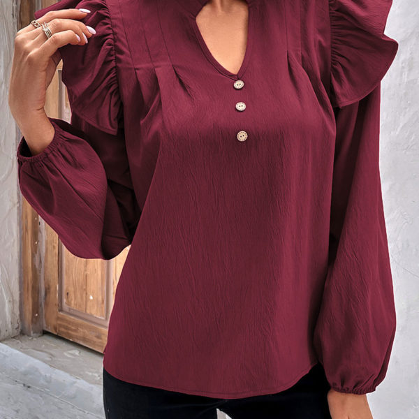 Burgundy Ruffles V-Neck Casual Long Sleeves Blouse - Image 3
