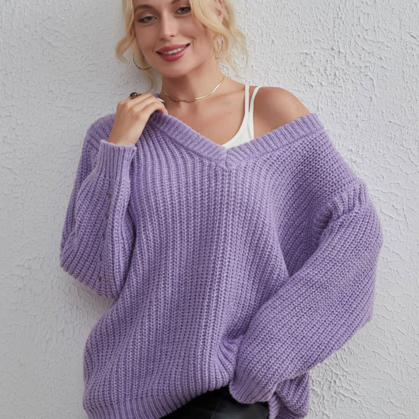 Ribbed V-Neck Cut Out Long Sleeves Sweaters
