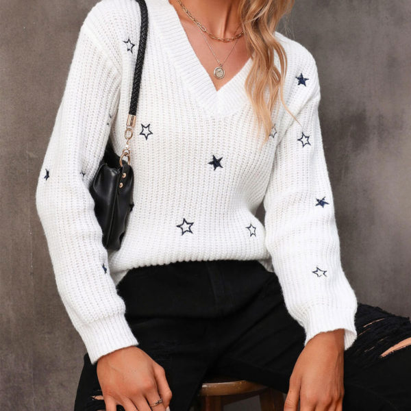 White V-Neck Long Sleeves Acrylic Sweaters - Image 5